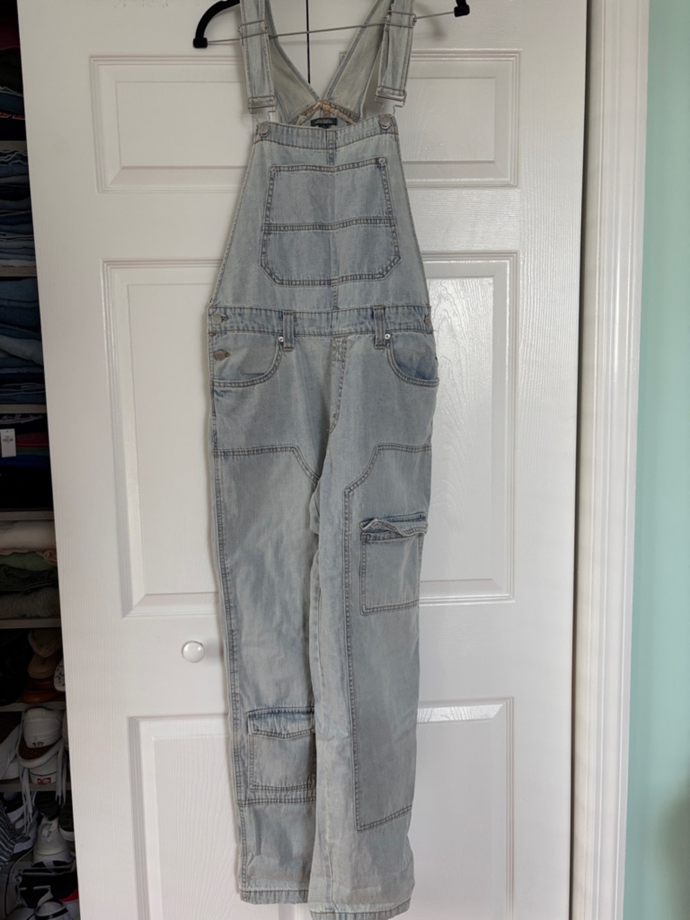 Light Wash Cargo Denim Overalls